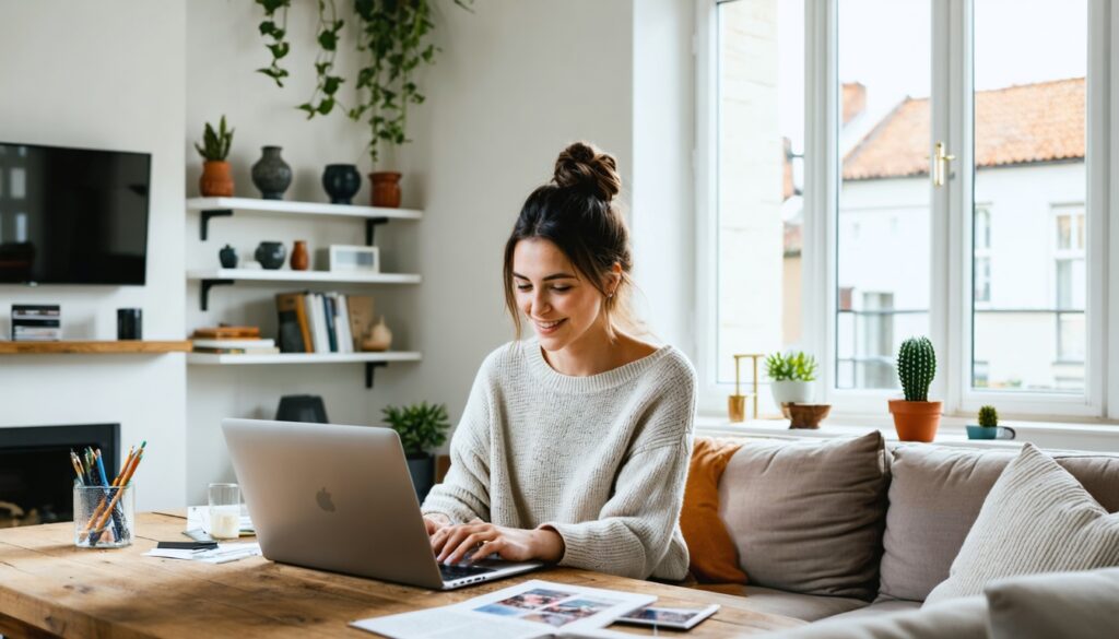 Interieurblogger aan een houten bureau in een stijlvolle Nederlandse woonkamer
